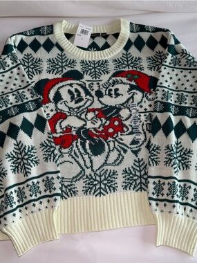 Disney Cream, Green & Red Mickey & Minnie Holiday Sweater